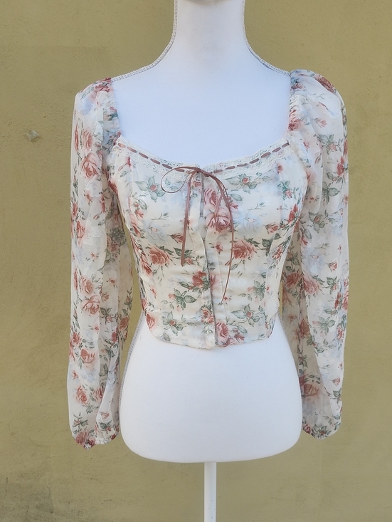 Altar'd State Tops - Altar'd State Cream Floral Booho Tie-Front Puff Sleeve Top